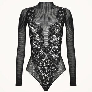 Wolford Flower Lace String Body Long-Sleeved Net Bodysuit. Black. Size M
